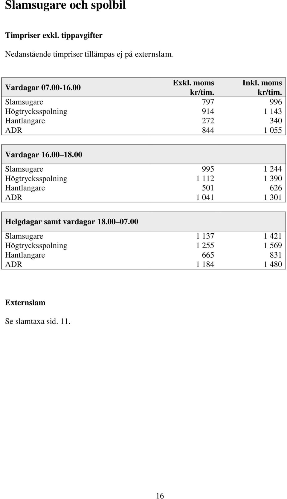 00 18.00 Slamsugare 995 1 244 Högtrycksspolning 1 112 1 390 Hantlangare 501 626 ADR 1 041 1 301 Helgdagar samt vardagar 18.