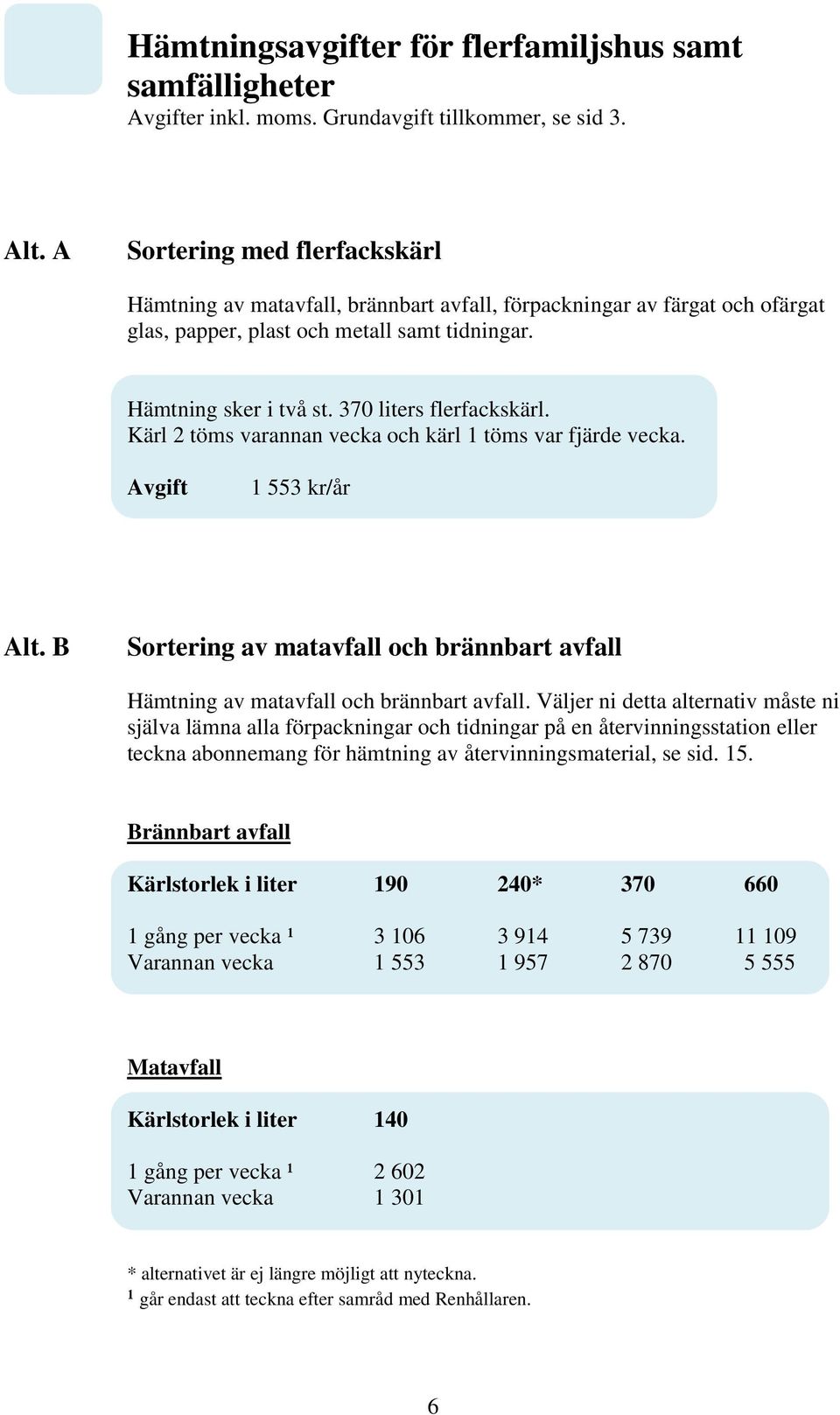 370 liters flerfackskärl. Kärl 2 töms varannan vecka och kärl 1 töms var fjärde vecka. Avgift 1 553 kr/år Alt. B Sortering av matavfall och brännbart avfall Hämtning av matavfall och brännbart avfall.