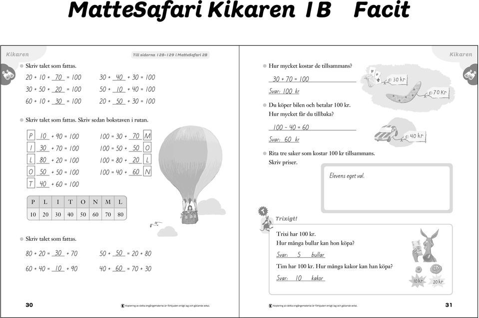 30 + = 100 100 kr Du köper bilen och betalar 100 kr. Hur mycket får du tillbaka?