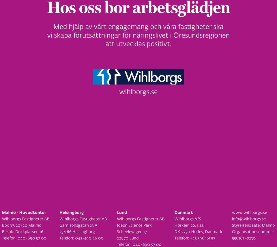 se Malmö - Huvudkontor Wihlborgs Fastigheter AB Box 97, 201 20 Malmö Besök: Dockplatsen 16 Telefon: 040-690 57 00 Helsingborg Wihlborgs Fastigheter AB Garnisonsgatan