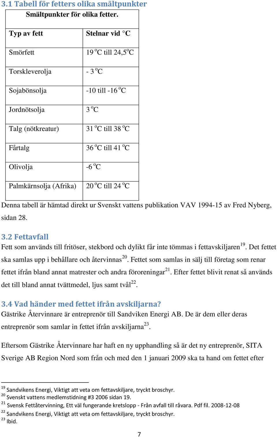 38 o C 36 o C till 41 o C -6 o C 20 o C till 24 o C Denna tabell är hämtad direkt ur Svenskt vattens publikation VAV 1994-15 av Fred Nyberg, sidan 28. 3.2 Fettavfall Fett som används till fritöser, stekbord och dylikt får inte tömmas i fettavskiljaren 19.