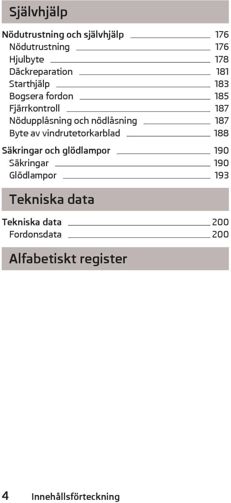 Byte av vindrutetorkarblad 188 Säkringar och glödlampor 190 Säkringar 190 Glödlampor 193