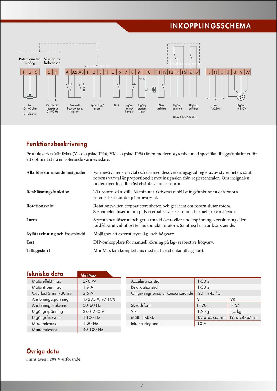 lågvarv Spänning / ström Drift Ingång termokontakt Ingång rotationsvakt Återställning Utgång larmrelä Utgång driftrelä (Max 8A/250V AC) Ink.