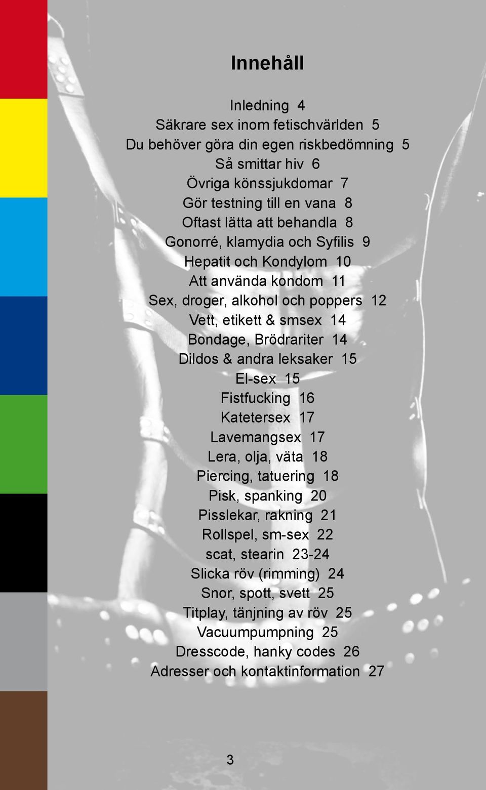 Dildos & andra leksaker 15 El-sex 15 Fistfucking 16 Katetersex 17 Lavemangsex 17 Lera, olja, väta 18 Piercing, tatuering 18 Pisk, spanking 20 Pisslekar, rakning 21 Rollspel,