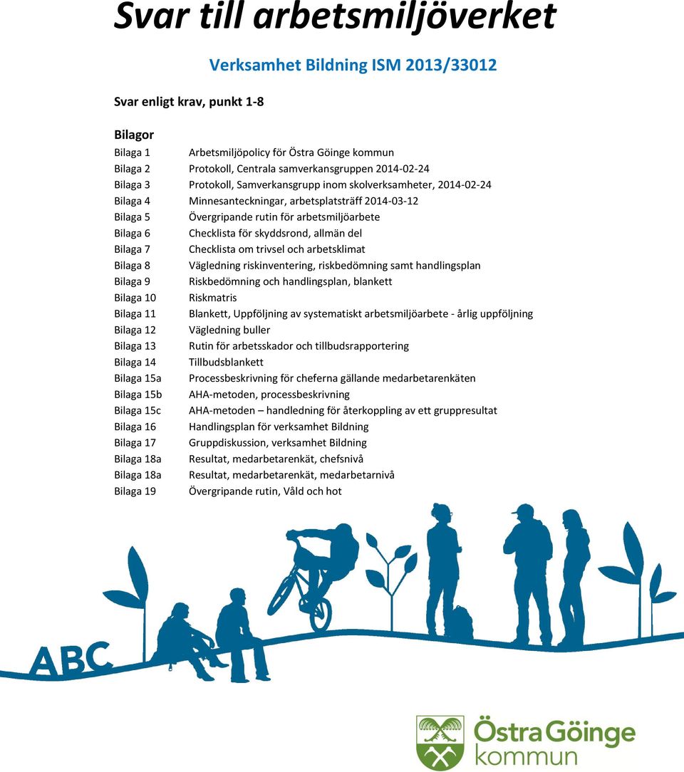 Checklista för skyddsrond, allmän del Bilaga 7 Checklista om trivsel och arbetsklimat Bilaga 8 Vägledning riskinventering, riskbedömning samt handlingsplan Bilaga 9 Riskbedömning och handlingsplan,