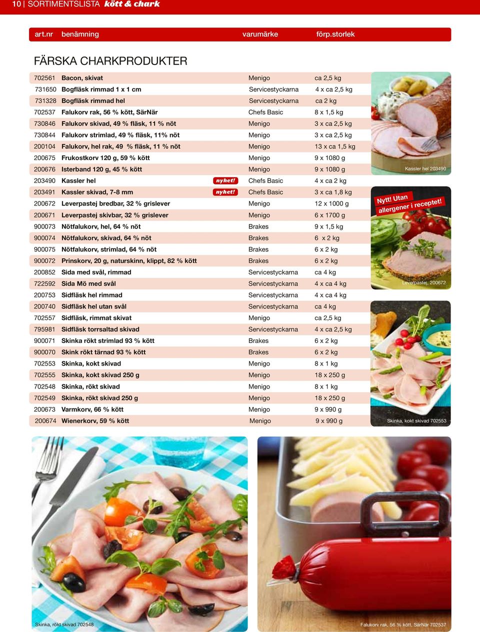 hel rak, 49 % fläsk, 11 % nöt 13 x ca 1,5 kg 200675 Frukostkorv 120 g, 59 % kött 9 x 1080 g 200676 Isterband 120 g, 45 % kött 9 x 1080 g 203490 Kassler hel Chefs Basic 4 x ca 2 kg 203491 Kassler