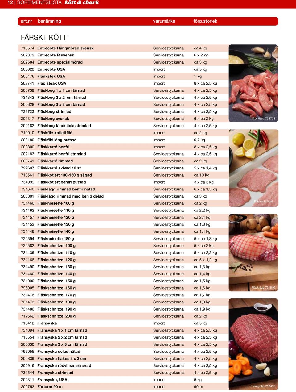 731342 Fläskbog 2 x 2 cm tärnad Servicestyckarna 4 x ca 2,5 kg 200628 Fläskbog 3 x 3 cm tärnad Servicestyckarna 4 x ca 2,5 kg 733723 Fläskbog strimlad Servicestyckarna 4 x ca 2,5 kg 201317 Fläskbog