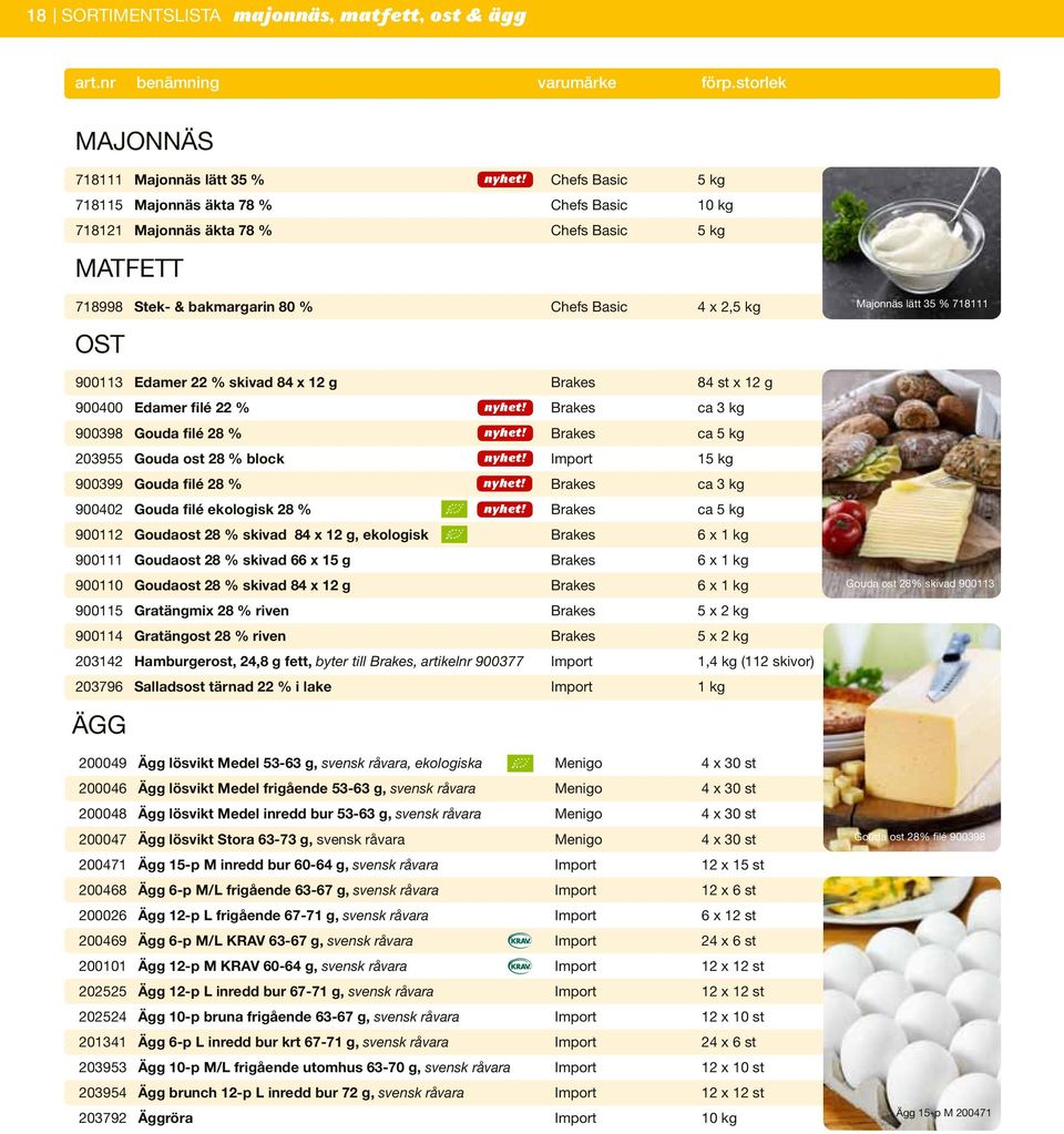 28 % Brakes ca 5 kg 203955 Gouda ost 28 % block Import 15 kg 900399 Gouda filé 28 % Brakes ca 3 kg 900402 Gouda filé ekologisk 28 % Brakes ca 5 kg 900112 Goudaost 28 % skivad 84 x 12 g, ekologisk