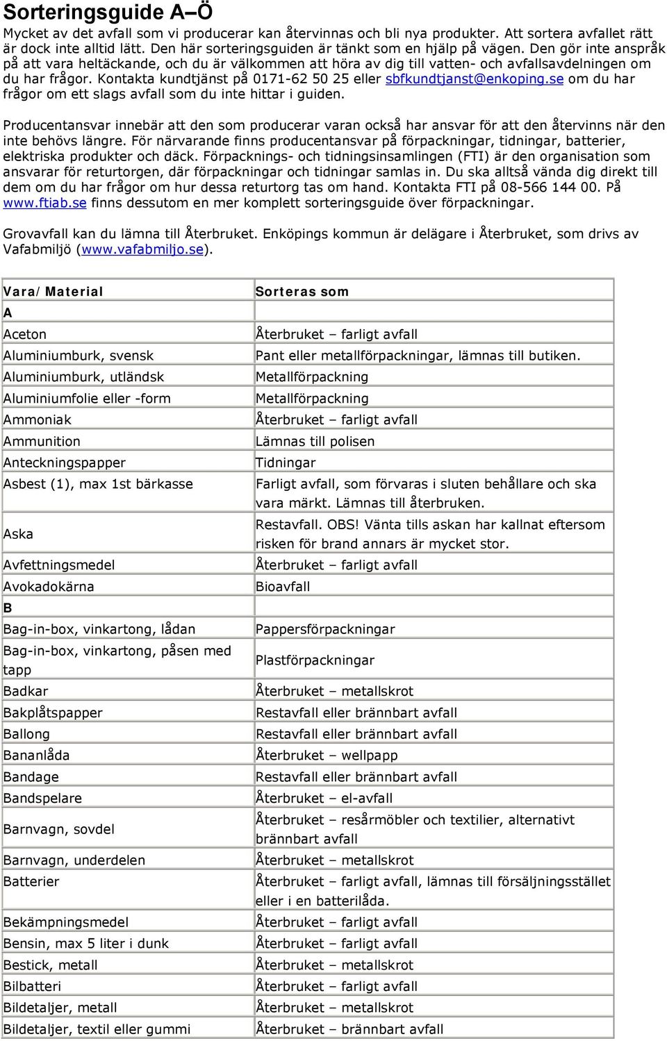 Kontakta kundtjänst på 0171-62 50 25 eller sbfkundtjanst@enkoping.se om du har frågor om ett slags avfall som du inte hittar i guiden.