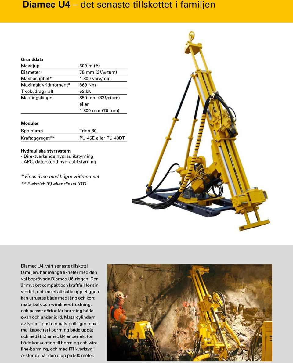 hydraulikstyrning * Finns även med högre vridmoment ** Elektrisk (E) eller diesel (DT) Diamec U4, vårt senaste tillskott i familjen, har många likheter med den väl beprövade Diamec U6-riggen.