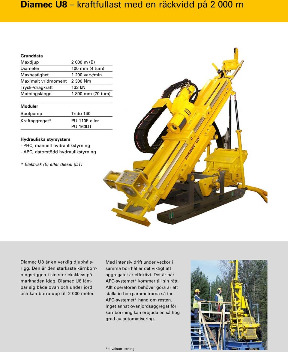 Elektrisk (E) eller diesel (DT) Diamec U8 är en verklig djuphålsrigg. Den är den starkaste kärnborrningsriggen i sin storleksklass på marknaden idag.