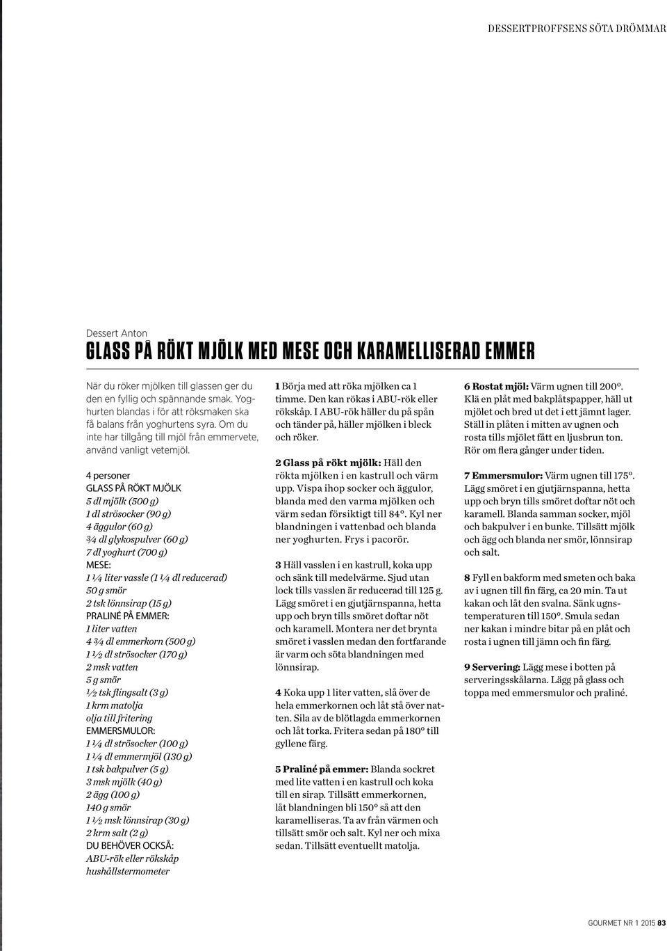 4 personer GLASS PÅ RÖKT MJÖLK 5 dl mjölk (500 g) 1 dl strösocker (90 g) 4 äggulor (60 g) ¾ dl glykospulver (60 g) 7 dl yoghurt (700 g) MESE: 1 ¼ liter vassle (1 ¼ dl reducerad) 50 g smör 2 tsk