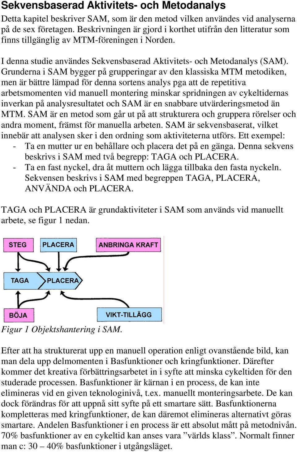 Grunderna i SAM bygger på grupperingar av den klassiska MTM metodiken, men är bättre lämpad för denna sortens analys pga att de repetitiva arbetsmomenten vid manuell montering minskar spridningen av