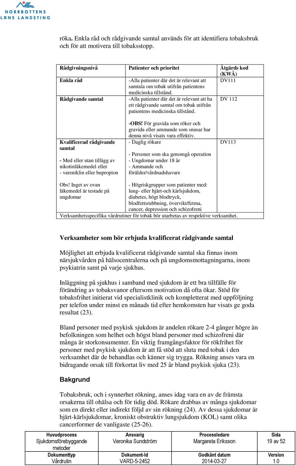 Rådgivande samtal -Alla patienter där det är relevant att ha ett rådgivande samtal om tobak utifrån patientens medicinska tillstånd.