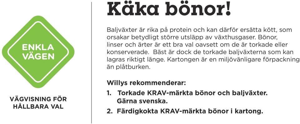 växthusgaser. Bönor, linser och ärter är ett bra val oavsett om de är torkade eller konserverade.