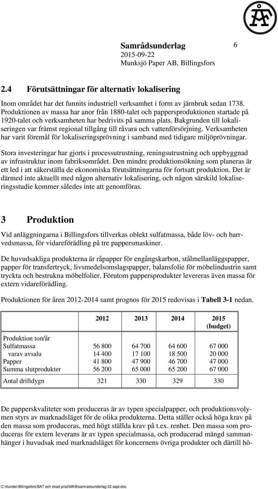 Bakgrunden till lokaliseringen var främst regional tillgång till råvara och vattenförsörjning. Verksamheten har varit föremål för lokaliseringsprövning i samband med tidigare miljöprövningar.