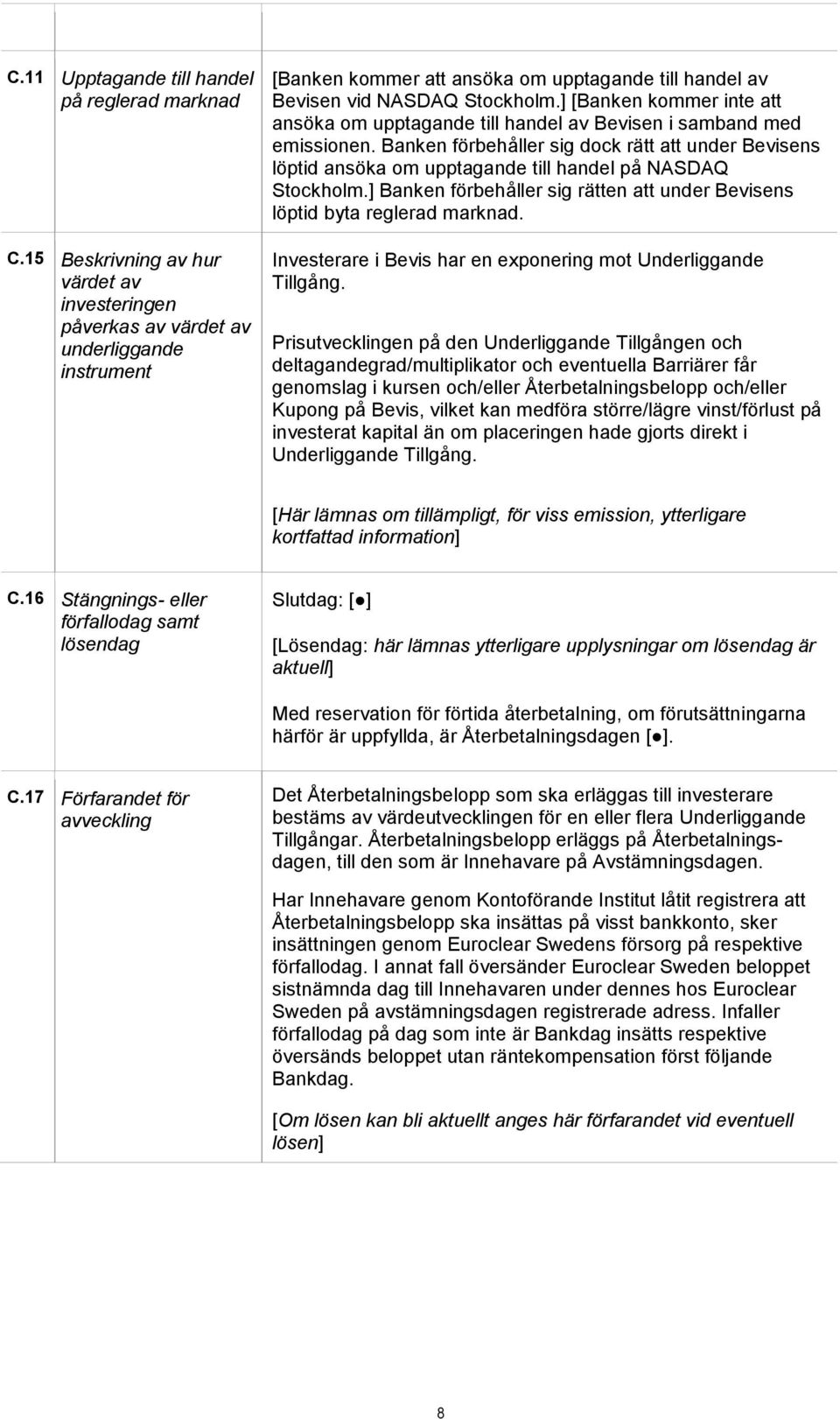 ] [Banken kommer inte att ansöka om upptagande till handel av Bevisen i samband med emissionen.