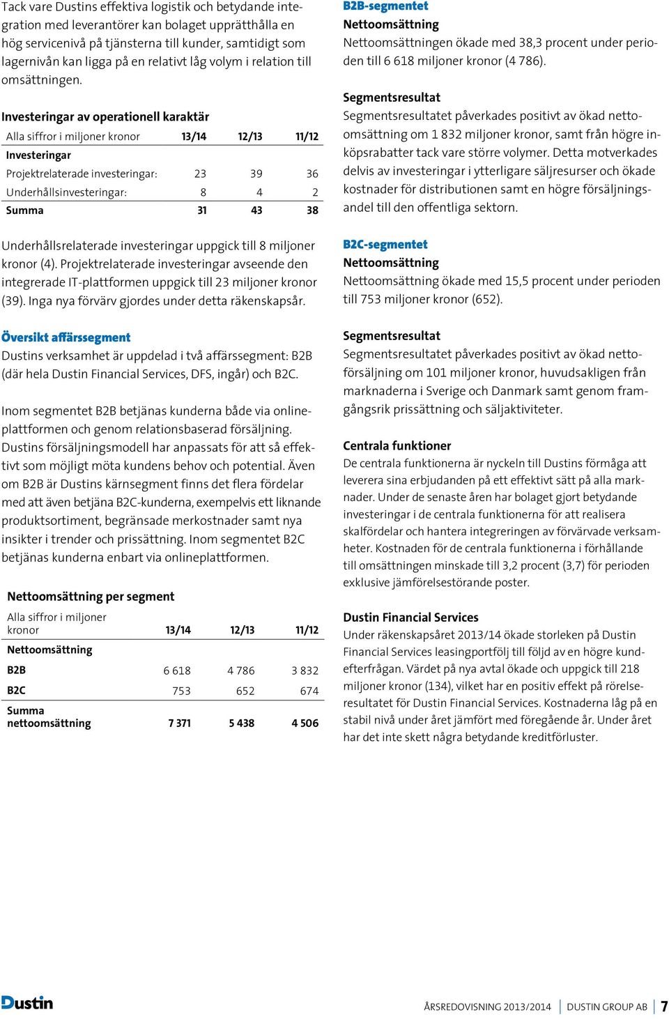 Investeringar av operationell karaktär Alla siffror i miljoner kronor 13/14 12/13 11/12 Investeringar Projektrelaterade investeringar: 23 39 36 Underhållsinvesteringar: 8 4 2 Summa 31 43 38