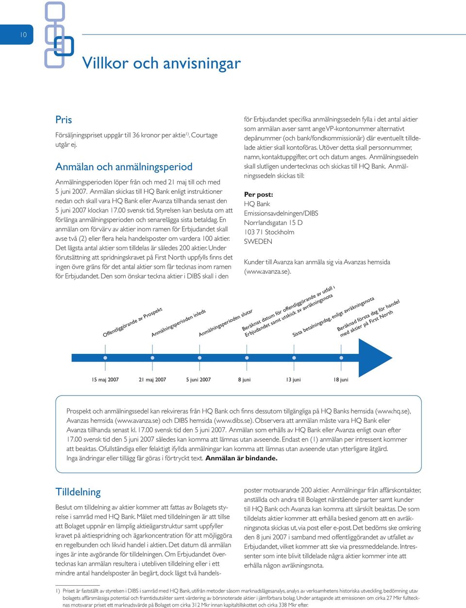 Anmälan skickas till HQ Bank enligt instruktioner nedan och skall vara HQ Bank eller Avanza tillhanda senast den 5 juni 2007 klockan 17.00 svensk tid.