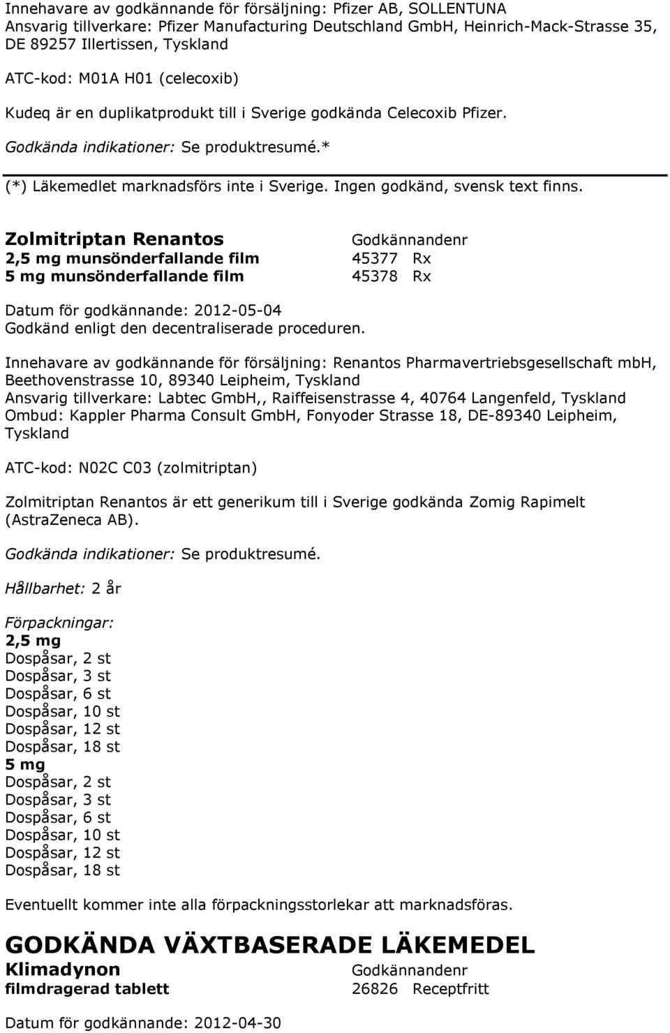 Zolmitriptan Renantos 2,5 mg munsönderfallande film 45377 Rx 5 mg munsönderfallande film 45378 Rx Godkänd enligt den decentraliserade proceduren.