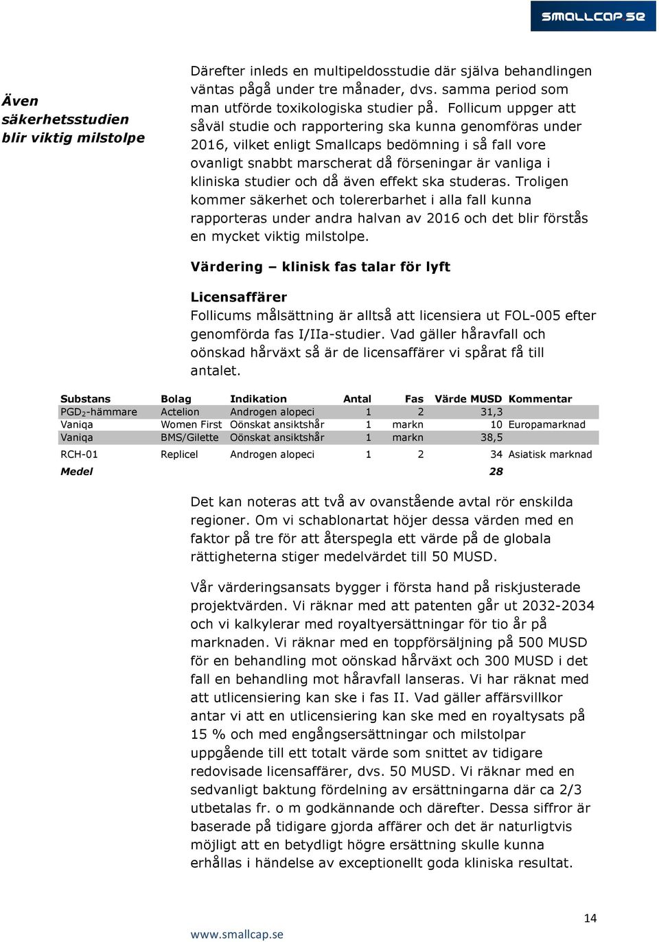 studier och då även effekt ska studeras. Troligen kommer säkerhet och tolererbarhet i alla fall kunna rapporteras under andra halvan av 2016 och det blir förstås en mycket viktig milstolpe.