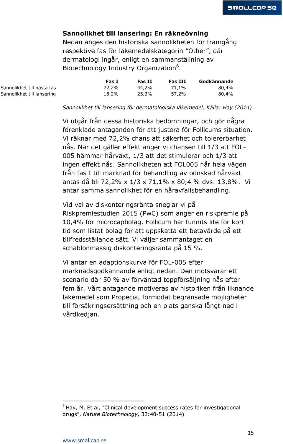 Fas I Fas II Fas III Godkännande Sannolikhet till nästa fas 72,2% 44,2% 71,1% 80,4% Sannolikhet till lansering 18,2% 25,3% 57,2% 80,4% Sannolikhet till lansering för dermatologiska läkemedel, Källa: