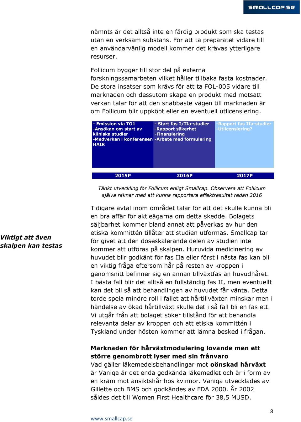 De stora insatser som krävs för att ta FOL-005 vidare till marknaden och dessutom skapa en produkt med motsatt verkan talar för att den snabbaste vägen till marknaden är om Follicum blir uppköpt