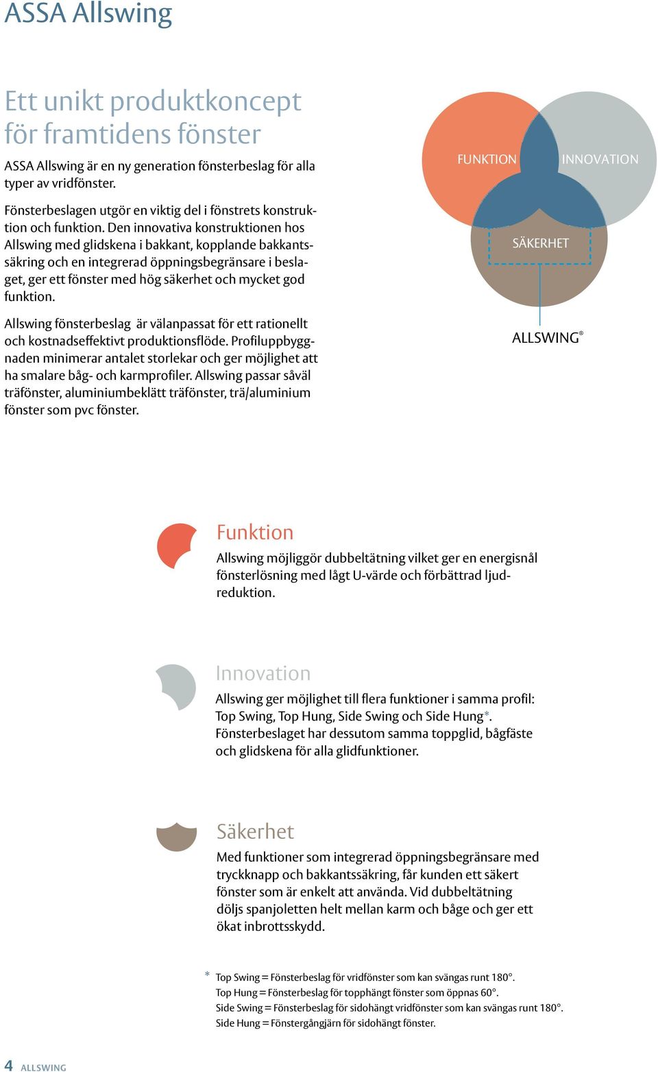 Den innovativa konstruktionen hos Allswing med glidskena i bakkant, kopplande bakkantssäkring och en integrerad öppningsbegränsare i beslaget, ger ett fönster med hög säkerhet och mycket god funktion.