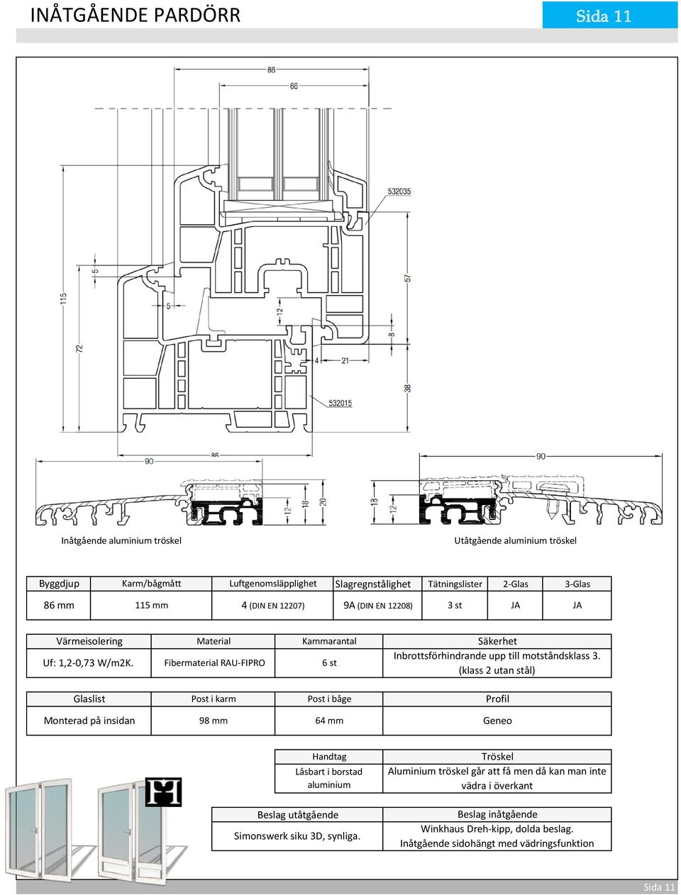 Fibermaterial RAU-FIPRO 6 st Monterad på insidan 98 mm 64 mm Geneo Låsbart i borstad aluminium Beslag utåtgående