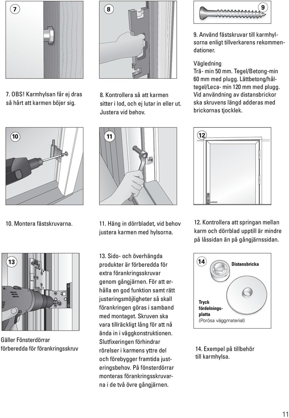 10 11 12 10. Montera fästskruvarna. 11. Häng in dörrbladet, vid behov justera karmen med hylsorna. 12. Kontrollera att springan mellan karm och dörrblad upptill är mindre på låssidan än på gångjärnssidan.