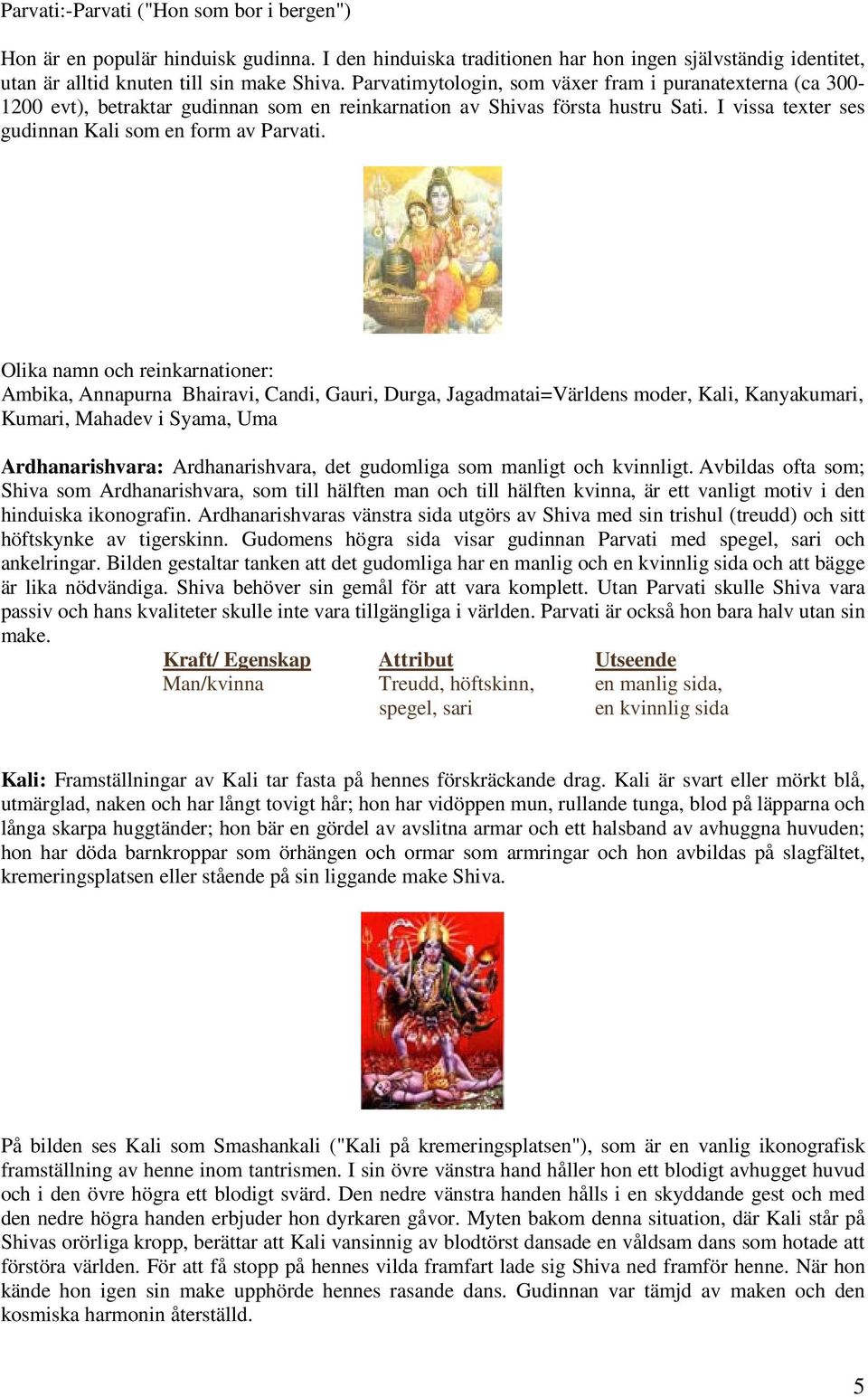 Olika namn och reinkarnationer: Ambika, Annapurna Bhairavi, Candi, Gauri, Durga, Jagadmatai=Världens moder, Kali, Kanyakumari, Kumari, Mahadev i Syama, Uma Ardhanarishvara: Ardhanarishvara, det