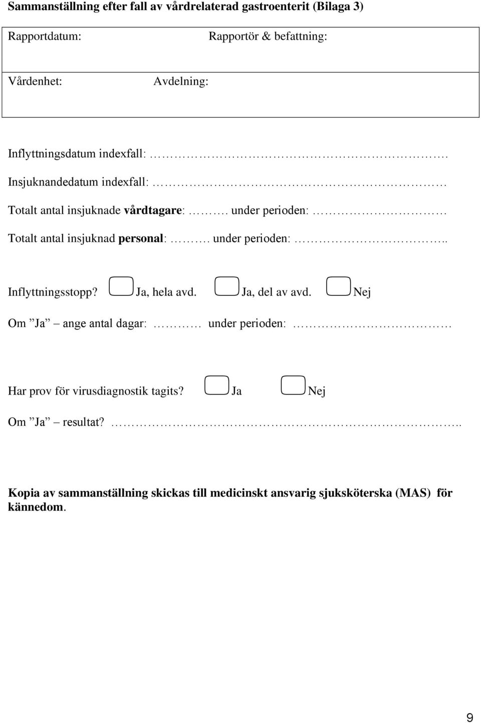 under perioden: Totalt antal insjuknad personal:. under perioden:.. Inflyttningsstopp? Ja, hela avd. Ja, del av avd.