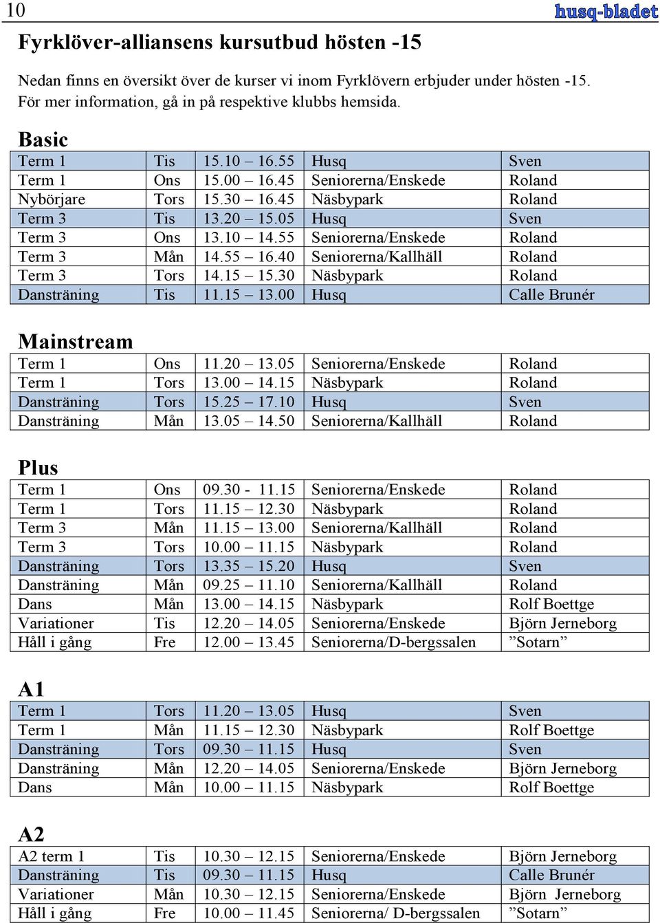55 Seniorerna/Enskede Roland Term 3 Mån 14.55 16.40 Seniorerna/Kallhäll Roland Term 3 Tors 14.15 15.30 Näsbypark Roland Dansträning Tis 11.15 13.00 Husq Calle Brunér Mainstream Term 1 Ons 11.20 13.