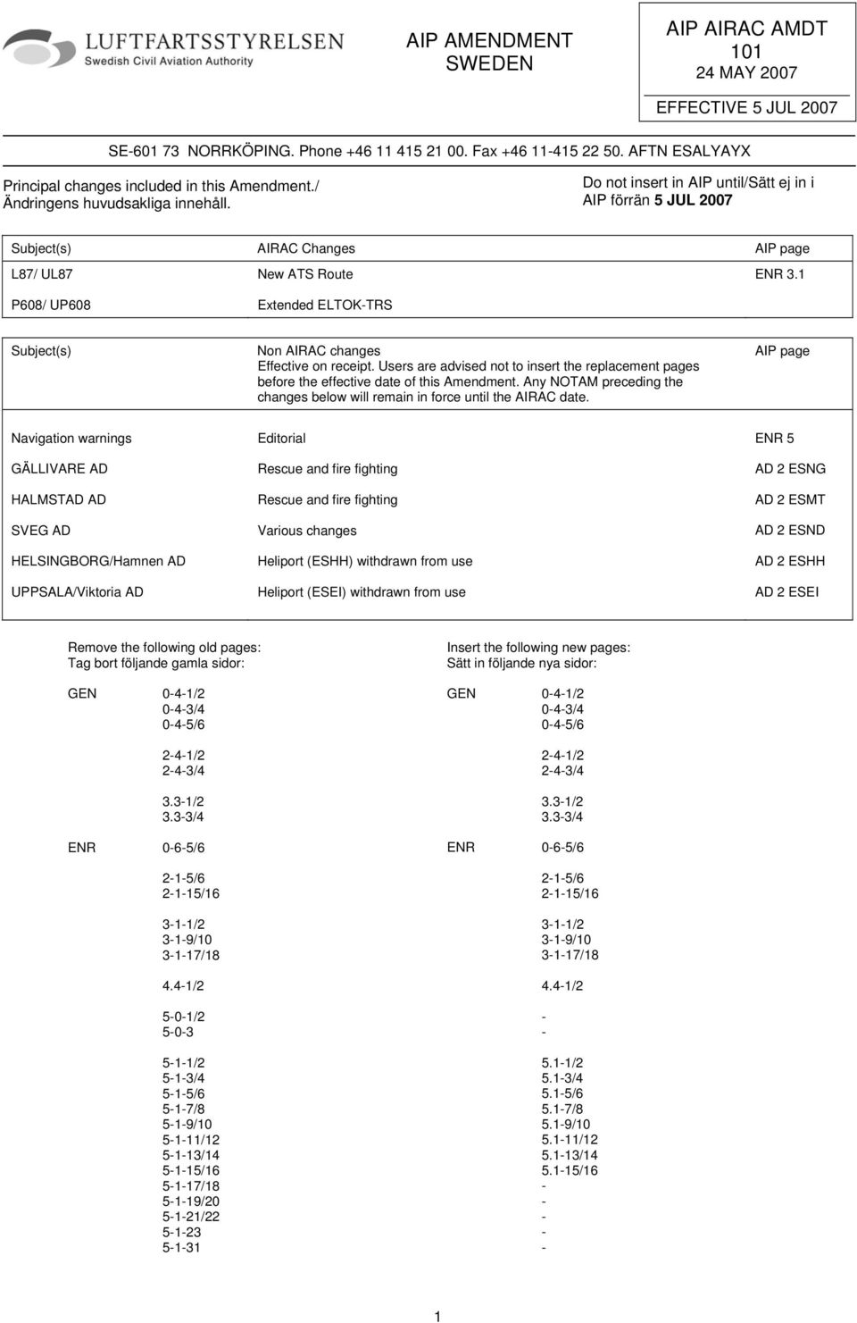 1 Subject(s) Non AIRAC changes Effective on receipt. Users are advised not to insert the replacement pages before the effective date of this Amendment.