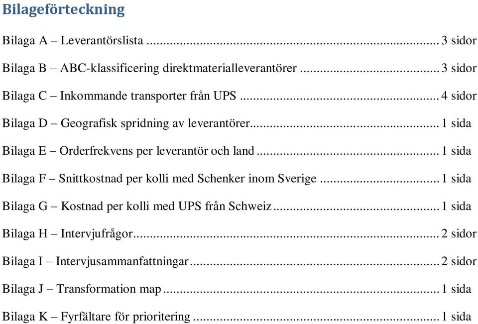 .. 1 sida Bilaga E Orderfrekvens per leverantör och land... 1 sida Bilaga F Snittkostnad per kolli med Schenker inom Sverige.