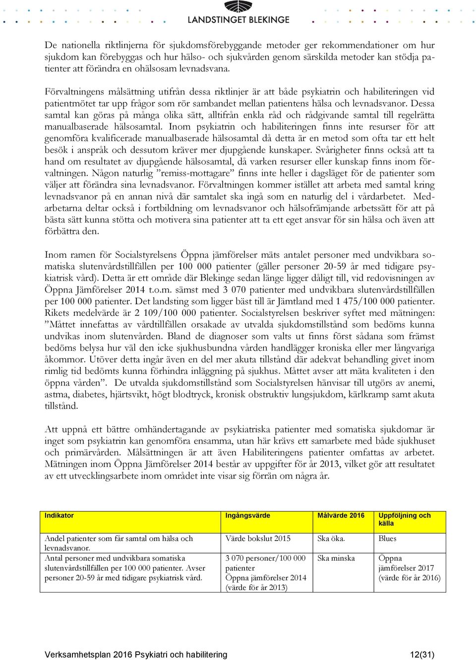 Förvaltningens målsättning utifrån dessa riktlinjer är att både psykiatrin och habiliteringen vid patientmötet tar upp frågor som rör sambandet mellan patientens hälsa och levnadsvanor.