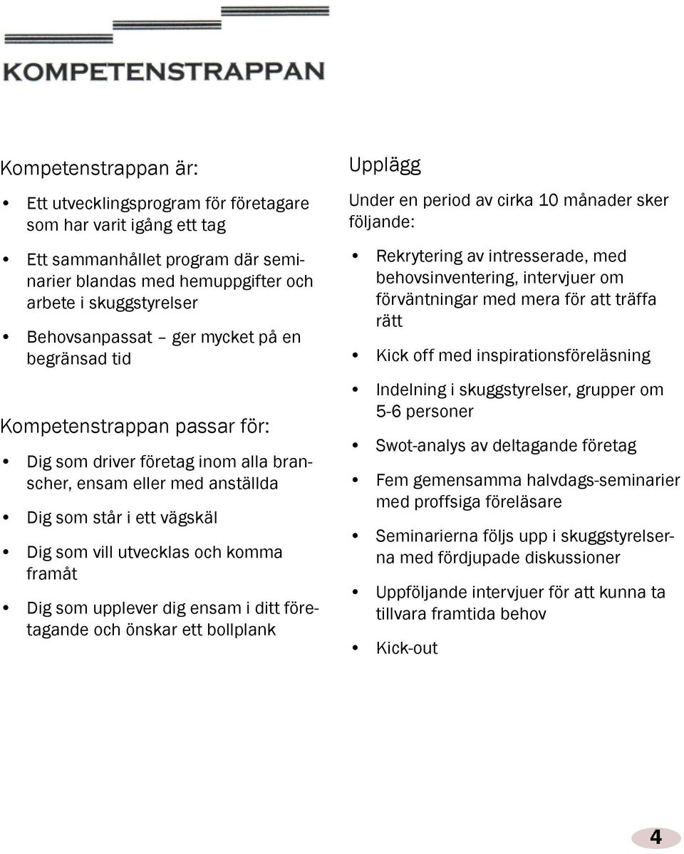 som upplever dig ensam i ditt företagande och önskar ett bollplank Upplägg Under en period av cirka 10 månader sker följande: Rekrytering av intresserade, med behovsinventering, intervjuer om