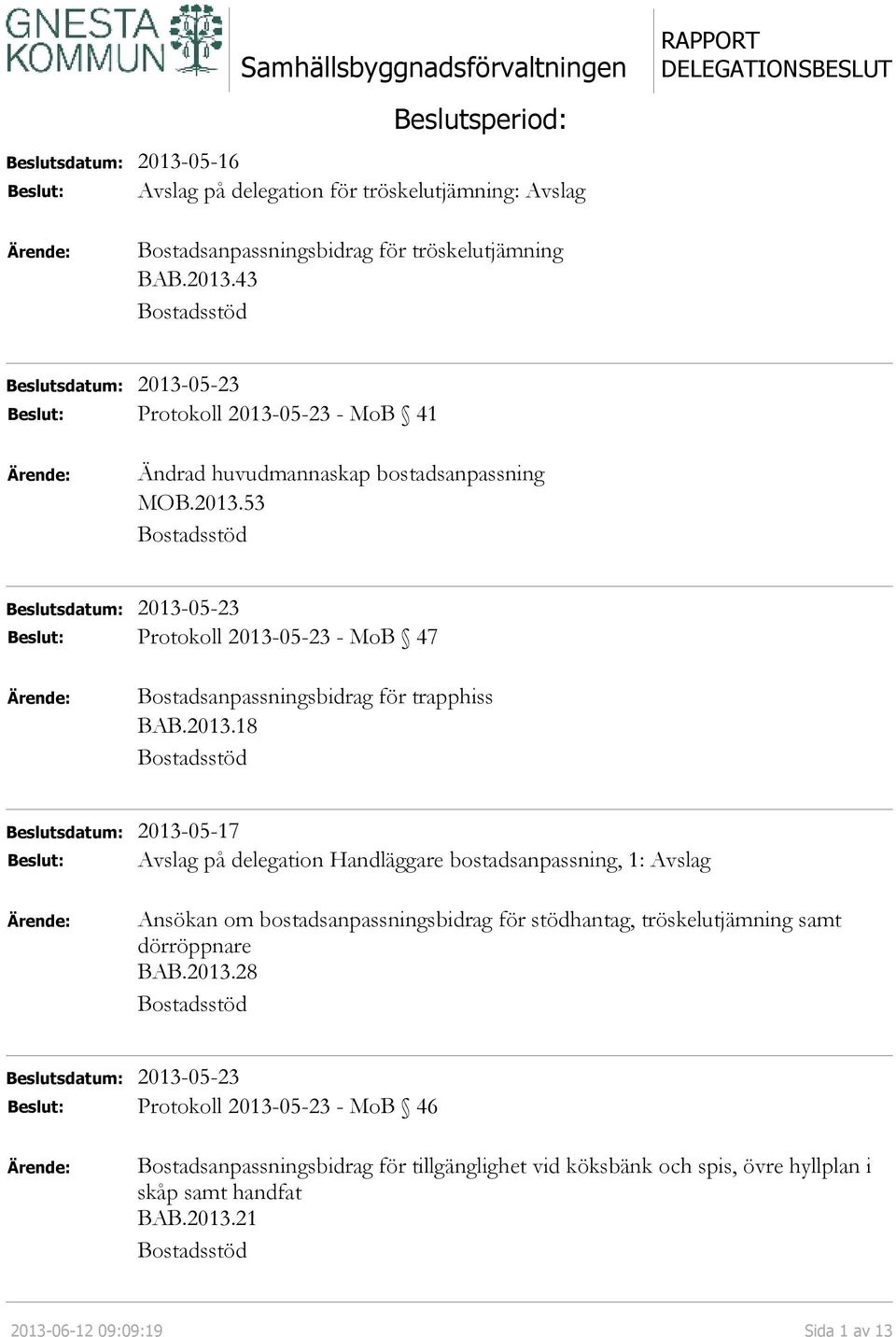 2013.18 Bostadsstöd Beslutsdatum: 2013-05-17 Beslut: Avslag på delegation Handläggare bostadsanpassning, 1: Avslag Ärende: Ansökan om bostadsanpassningsbidrag för stödhantag, tröskelutjämning samt