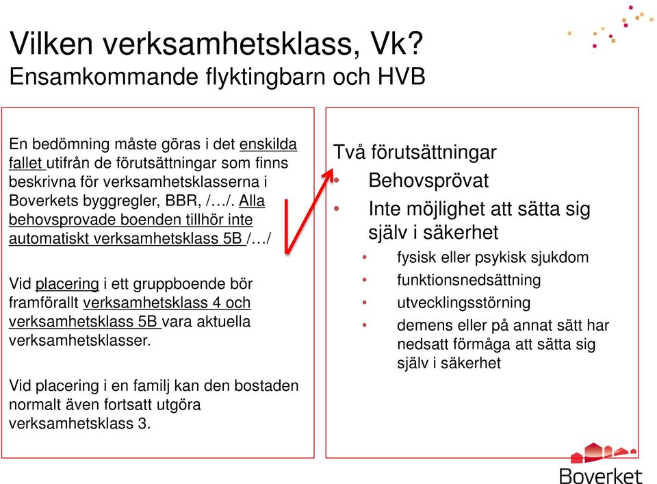 / /. Alla behovsprovade boenden tillhör inte automatiskt verksamhetsklass 5B / / Vid placering i ett gruppboende bör framförallt verksamhetsklass 4 och verksamhetsklass 5B vara