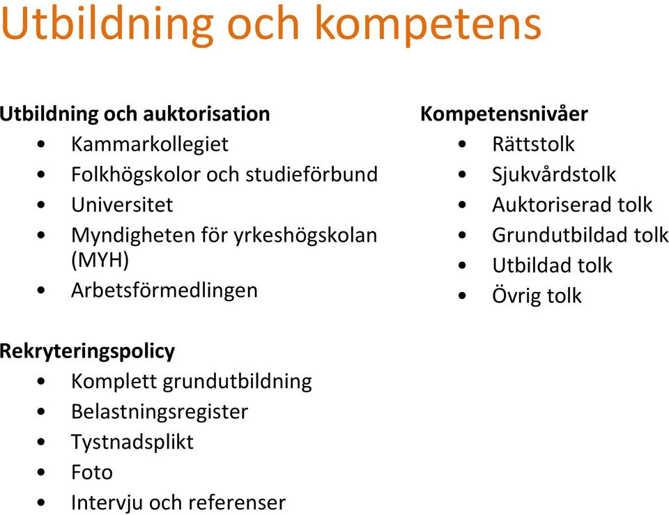 Kompetensnivåer Rättstolk Sjukvårdstolk Auktoriserad tolk Grundutbildad tolk Utbildad tolk