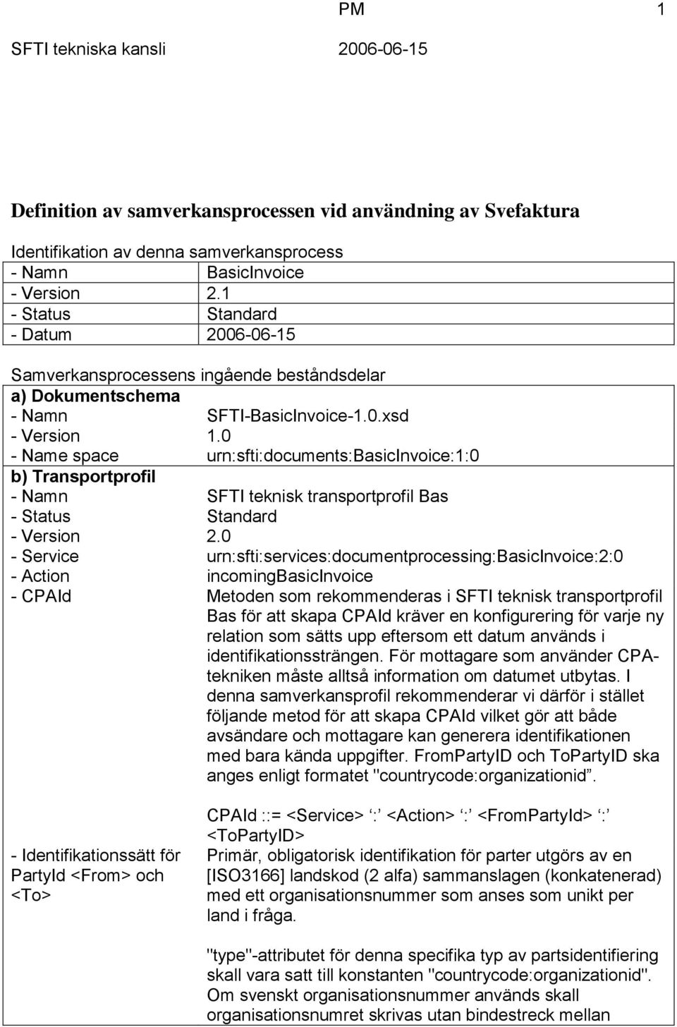 0 - Name space urn:sfti:documents:basicinvoice:1:0 b) Transportprofil - Namn SFTI teknisk transportprofil Bas - Status Standard - Version 2.