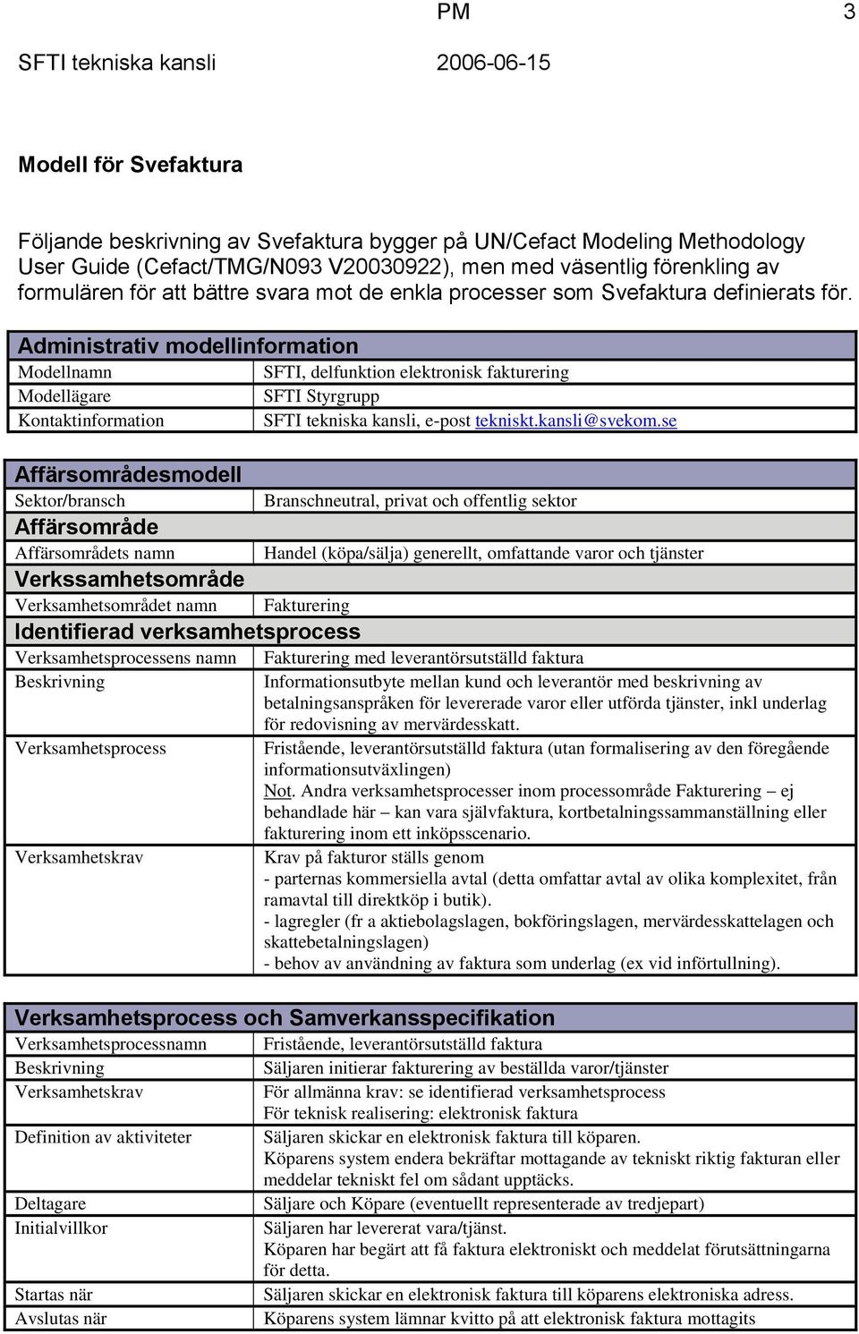 Administrativ modellinformation Modellnamn Modellägare Kontaktinformation Affärsområdesmodell Sektor/bransch Affärsområde Affärsområdets namn Verkssamhetsområde Verksamhetsområdet namn SFTI,