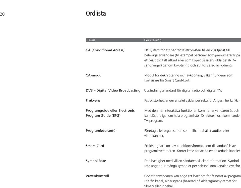 DVB Digital Video Broadcasting Utsändningsstandard för digital radio och digital TV. Frekvens Fysisk storhet, anger antalet cykler per sekund. Anges i hertz (Hz).