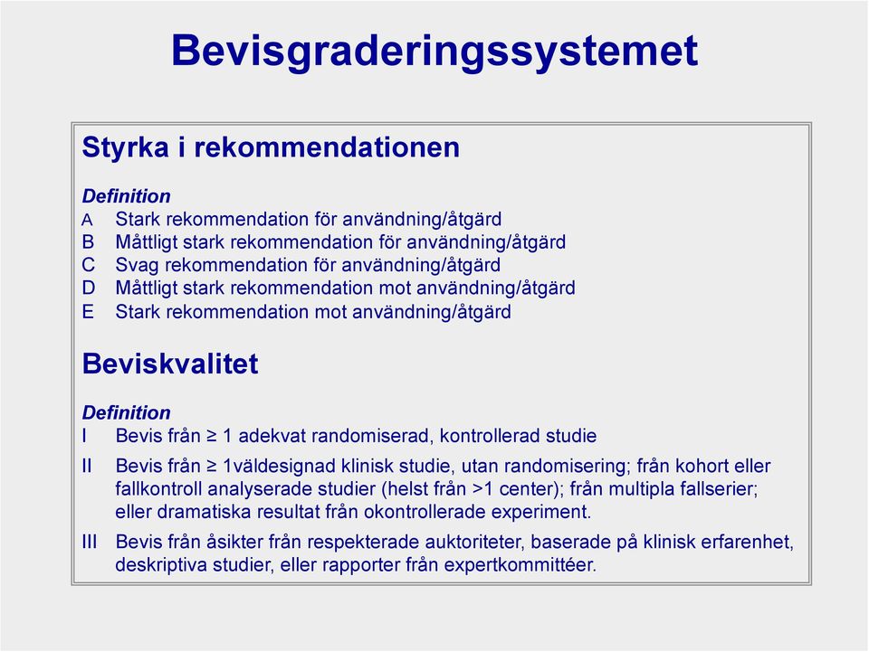 kontrollerad studie II Bevis från 1väldesignad klinisk studie, utan randomisering; från kohort eller fallkontroll analyserade studier (helst från >1 center); från multipla fallserier;