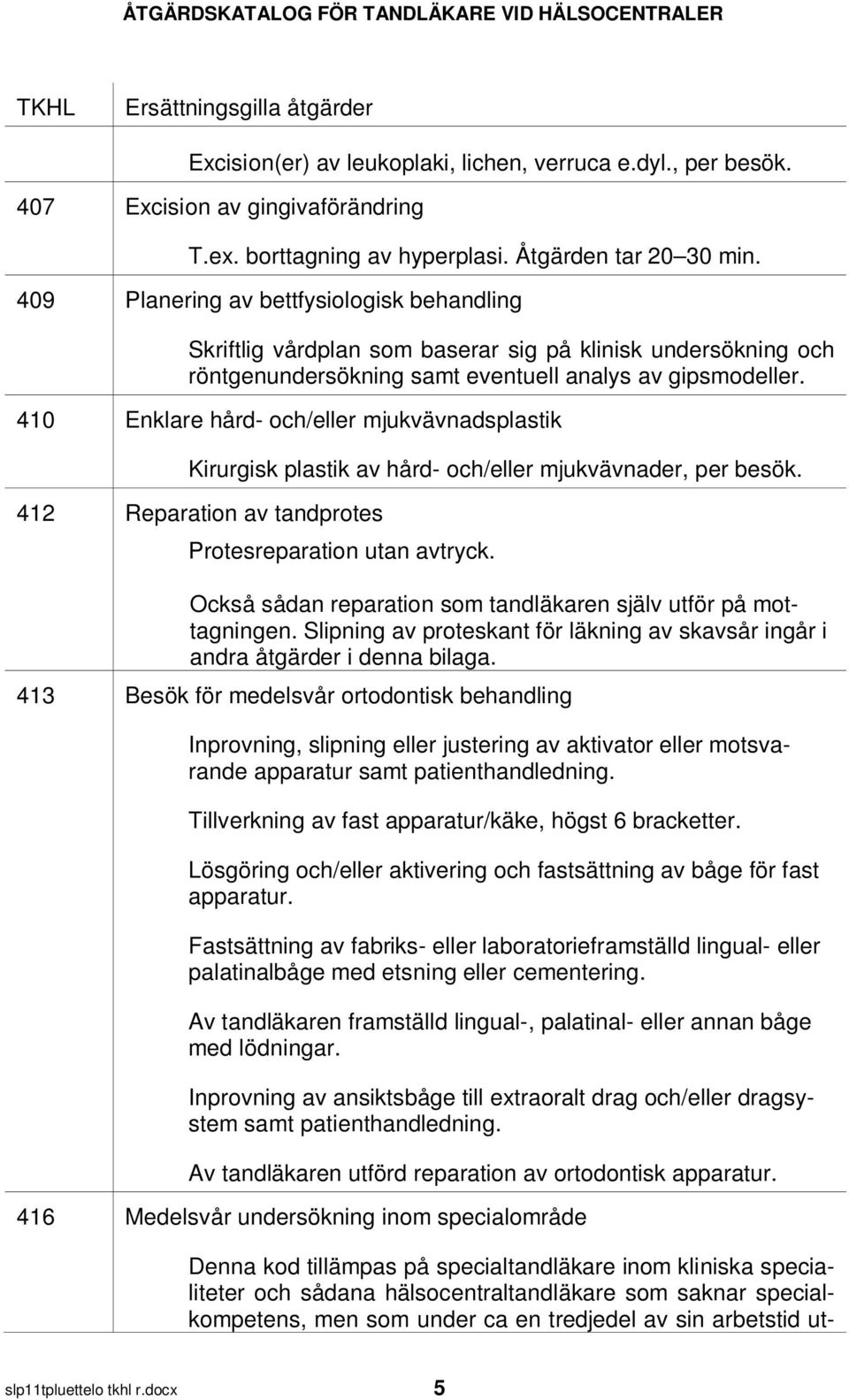 410 Enklare hård- och/eller mjukvävnadsplastik Kirurgisk plastik av hård- och/eller mjukvävnader, per besök. 412 Reparation av tandprotes Protesreparation utan avtryck.