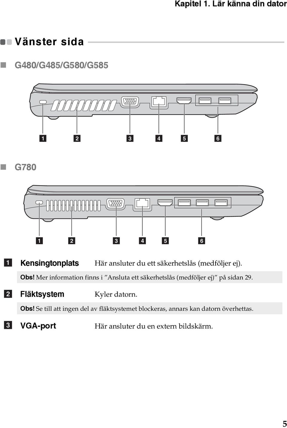 - - - - - - - - - - - - - - - - - - - - - - - - - - - - - - - - - G480/G485/G580/G585 1 2 3 4 5 6 G780 1 2 3 4 5 6 a Kensingtonplats Här ansluter