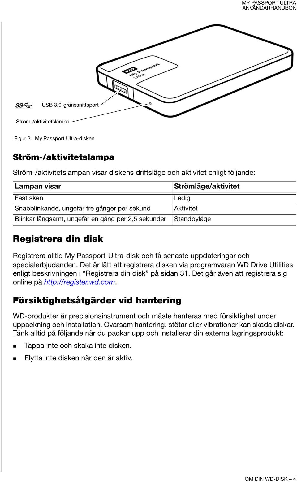 Blinkar långsamt, ungefär en gång per 2,5 sekunder Strömläge/aktivitet Ledig Aktivitet Standbyläge Registrera din disk Registrera alltid My Passport Ultra-disk och få senaste uppdateringar och