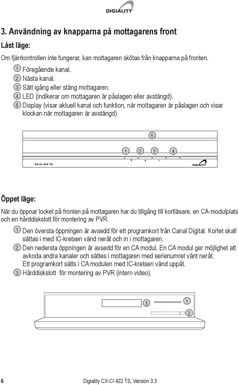 5 Display (visar aktuell kanal och funktion, när mottagaren är påslagen och visar klockan när mottagaren är avstängd) 5 1 2 3 4 Öppet läge: När du öppnar locket på fronten på mottagaren har du