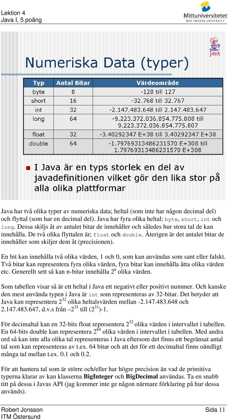 Återigen är det antalet bitar de innehåller som skiljer dem åt (precisionen). En bit kan innehålla två olika värden, 1 och 0, som kan användas som sant eller falskt.