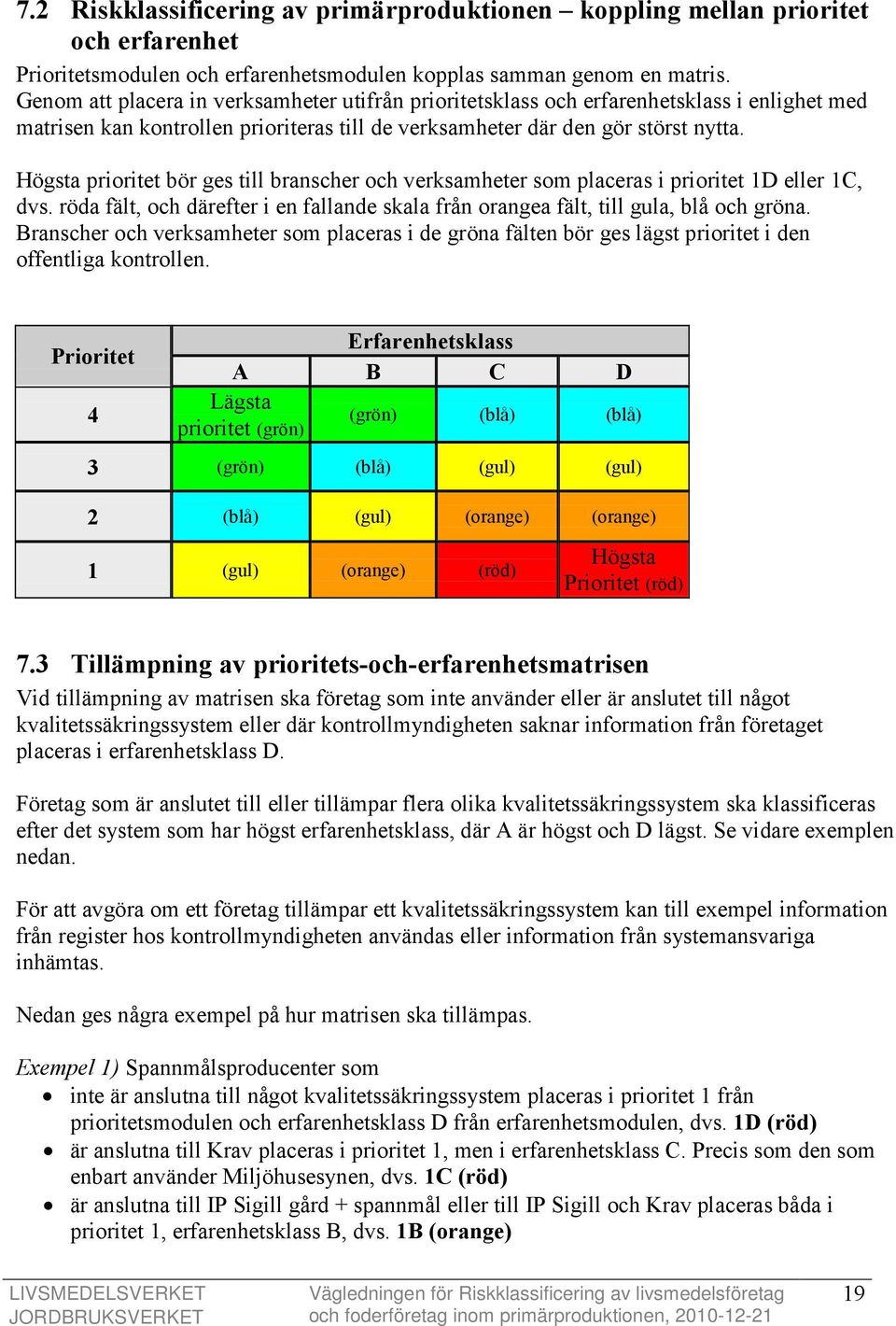 Högsta prioritet bör ges till branscher och verksamheter som placeras i prioritet 1D eller 1C, dvs. röda fält, och därefter i en fallande skala från orangea fält, till gula, blå och gröna.